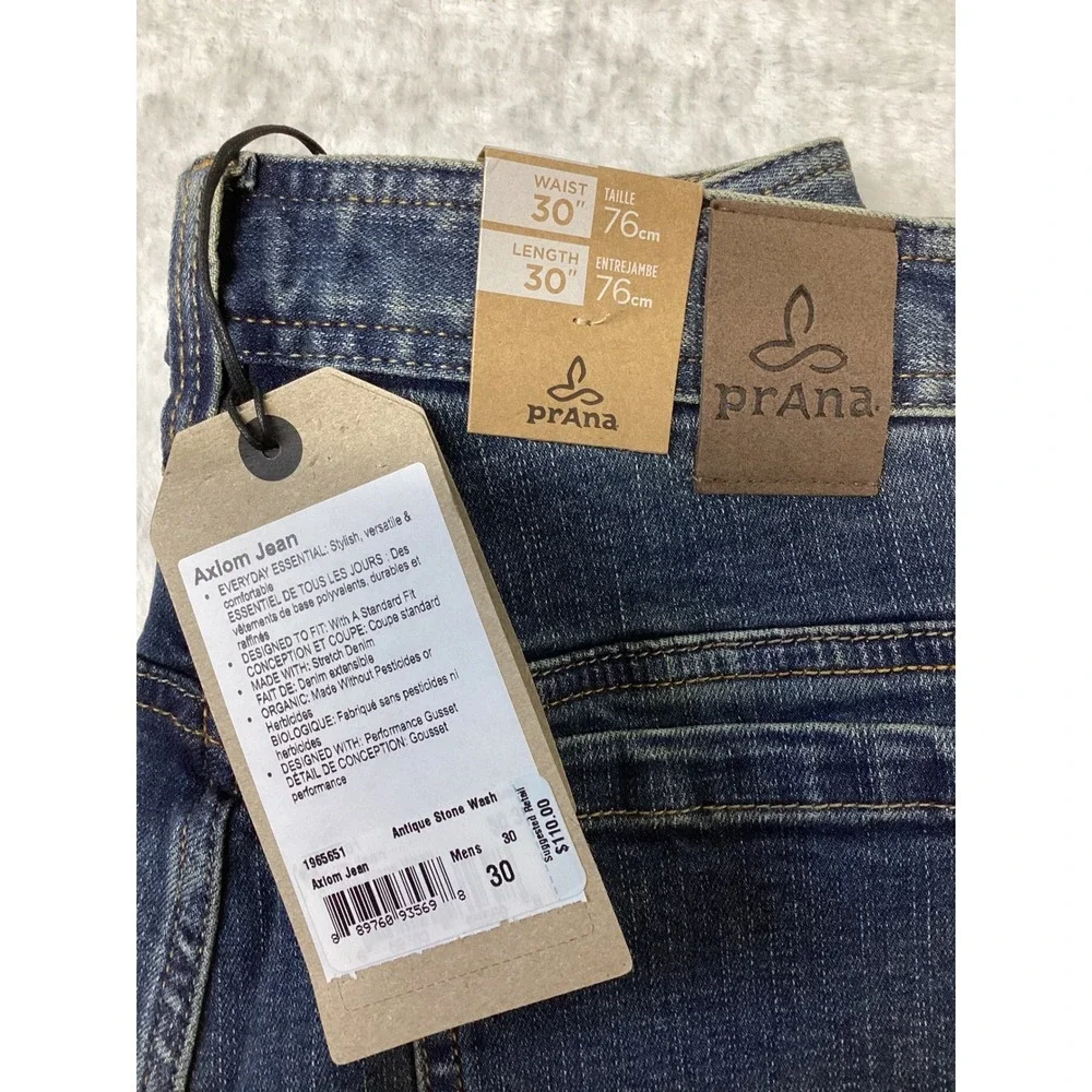 Prana Axiom Jean Mens 30x30 Antique Stone Wash Organic Cotton Stretch Denim NEW.